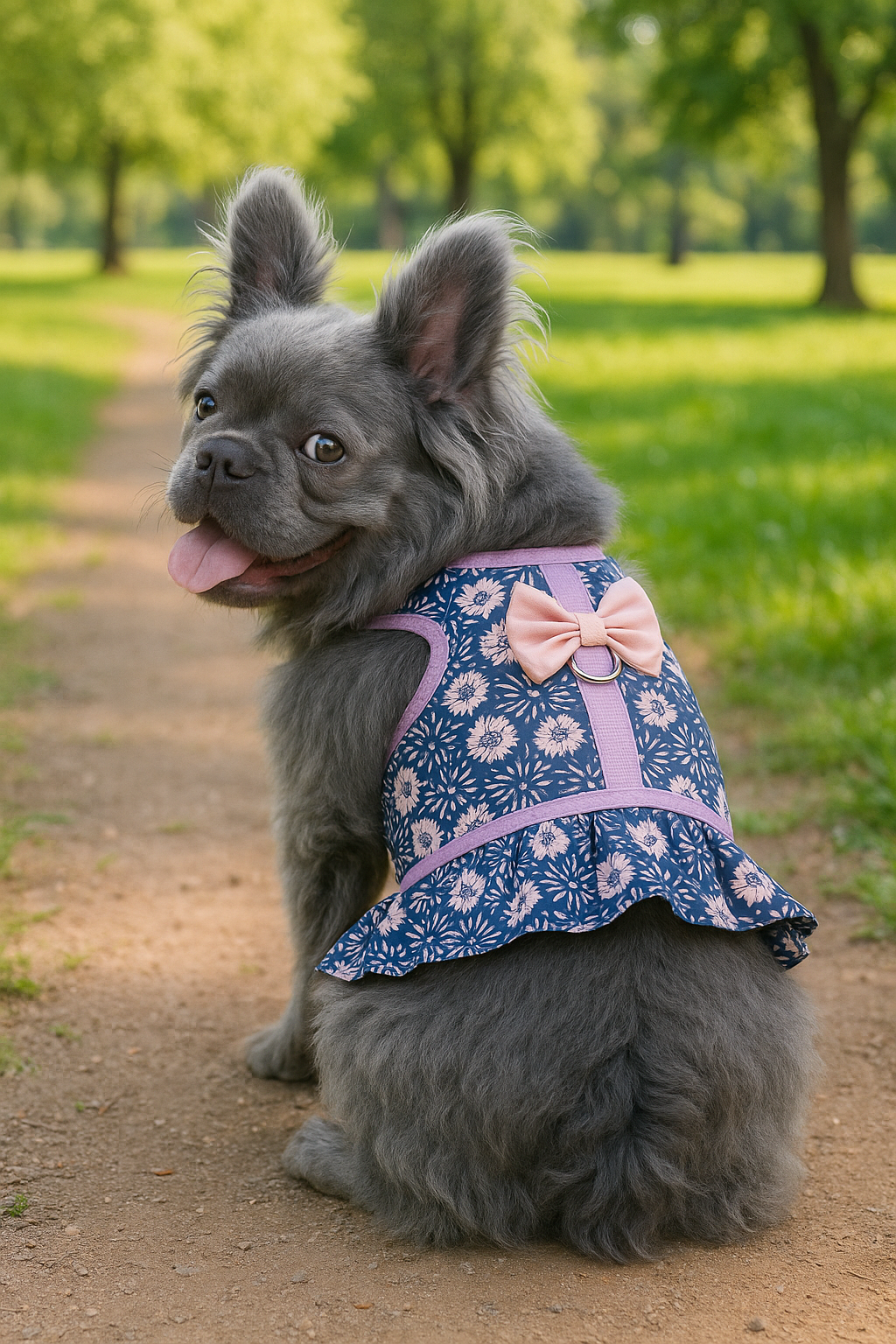 Parisian Pet 'Elegant Floral Dog Harness Dress for Special Events' for Dogs & Cats – Dark Blue with Flowers