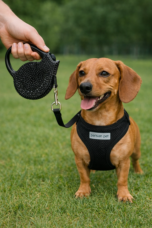 Parisian Pet 'Crystal Retractable Leash Black' for Dogs & Cats – Comfortable 16-Foot Leash, Retractable Design