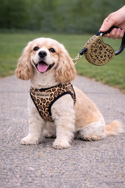 Parisian Pet 'Crystal Retractable Leash Leopard' for Dogs & Cats – Strong, Stylish Leash for Small Dogs, 16-Foot Length