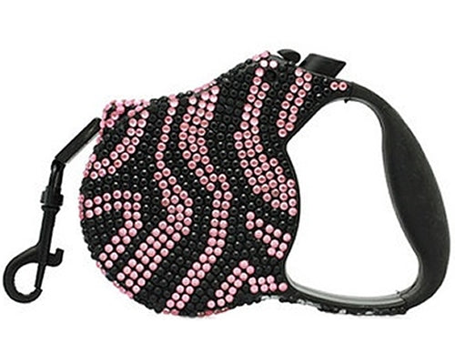 Crystal Retractable Leash Zebra Pink