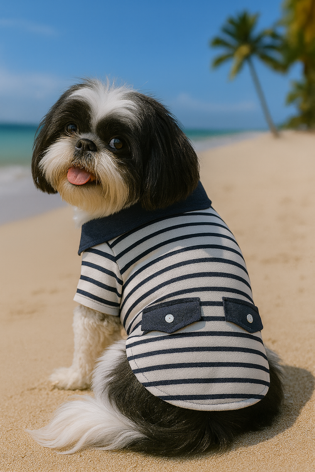 Parisian Pet 'Preppy Boy Polo' Dog & Cat T-Shirt – Trendy Cotton Polo Shirt, Comfortable & Lightweight, Blue White Stripes-Valentine's Day