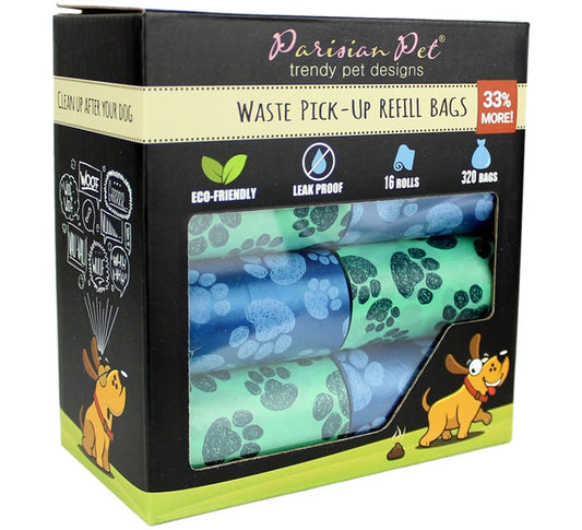 Parisian Pet 'Blue Green Paws' Waste Bags for Dogs & Cats - Durable, Leak-Proof Pet Waste Bags, Green and Blue Paws Design