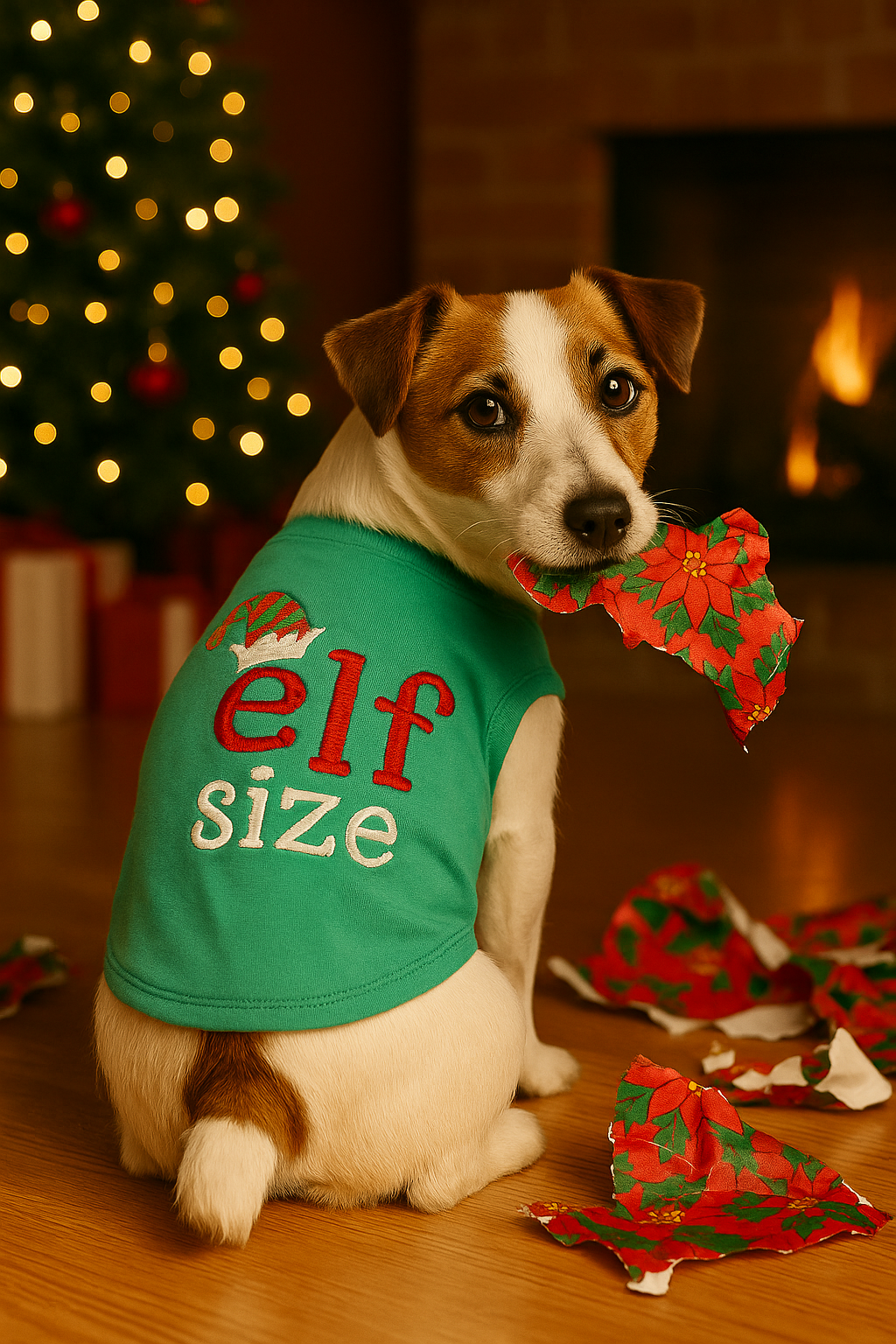 Parisian Pet Embroidered 'Elf Size Shirt' - Holiday Pet Apparel & Christmas Dog Clothes, Green