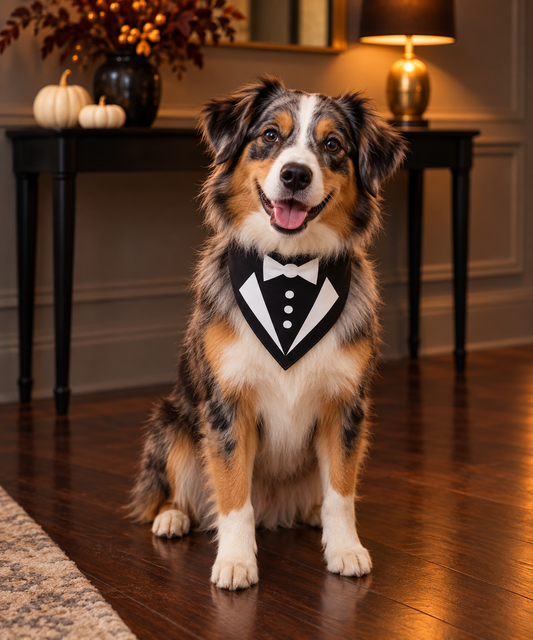 Australian Shepherd wearing a Parisian Pet black and white tuxedo dog bandana with bow tie and button details, sitting in an elegant, warmly lit room with autumn decorations.