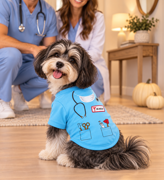 Happy Havanese wearing a light blue Parisian Pet Dr. Woof doctor dog shirt with medical graphics, posed with two medical professionals in a warm fall home setting.