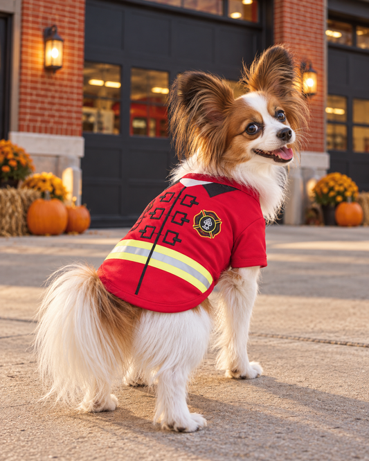 Papillon wearing a red Parisian Pet Fire-Barker firefighter dog costume with reflective details, posed outside a firehouse decorated with pumpkins for fall.