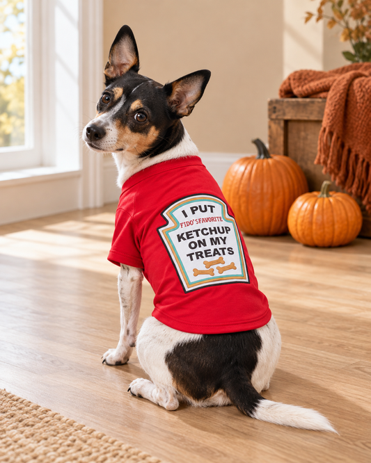 Small black, tan, and white dog wearing a red Parisian Pet dog t-shirt with a funny ketchup-themed graphic, sitting in a cozy autumn room decorated with pumpkins.