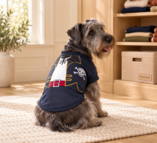 Cesky Terrier wearing a Parisian Pet Captain Spawrrow navy pirate dog costume with decorative jacket details, red belt, and skull-and-crossbones design.