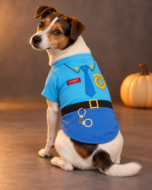 Jack Russell Terrier wearing a blue Parisian Pet police chief dog costume with embroidered badge, tie and handcuff details in a warm Halloween portrait setting.