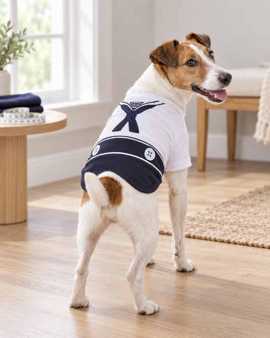 Jack Russell Terrier wearing a Parisian Pet navy blue and white sailor dog shirt with nautical bow and button details, standing in a bright, cozy room.