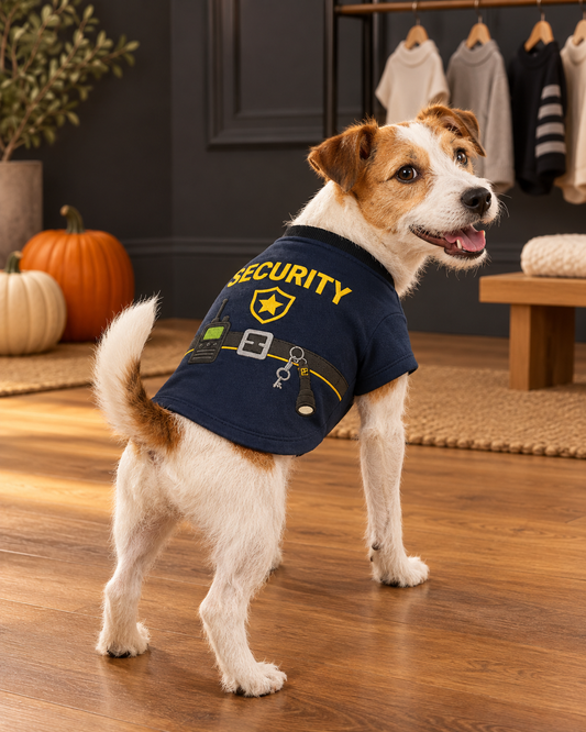 Parson Russell Terrier wearing a navy Parisian Pet Security Woofficer dog costume with embroidered security badge and utility-belt details in a refined fall pet boutique setting.