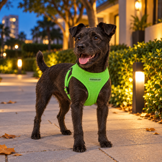 Patterdale Terrier wearing a neon green Parisian Pet mesh dog harness during an evening neighborhood walk with warm pathway lights and autumn leaves.