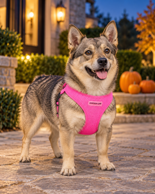 Swedish Vallhund wearing a bright pink mesh dog harness by Parisian Pet, standing on a stone pathway outside a warmly lit home with autumn pumpkins and fall decorations.