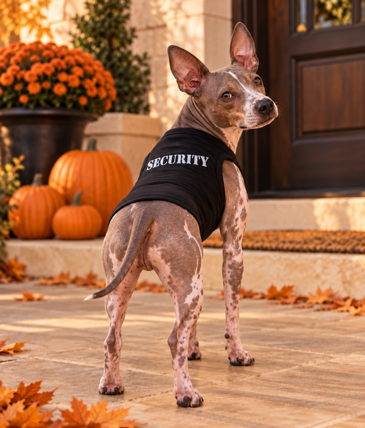 Hairless American Terrier wearing a black Parisian Pet Security dog shirt with white lettering, standing on an autumn porch decorated with pumpkins, orange flowers, and fall leaves.