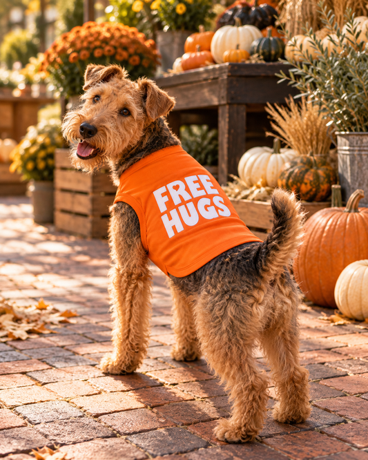 Welsh Terrier wearing a bright orange Parisian Pet Free Hugs dog shirt at an autumn market surrounded by pumpkins and fall décor.