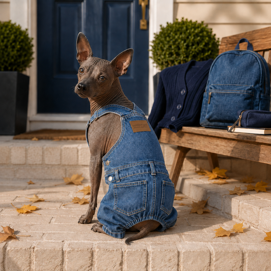 xoloitzcuintli clothes, dog overalls, denim dog overalls, small dog clothes, designer dog apparel, stylish dog outfit, pet overalls