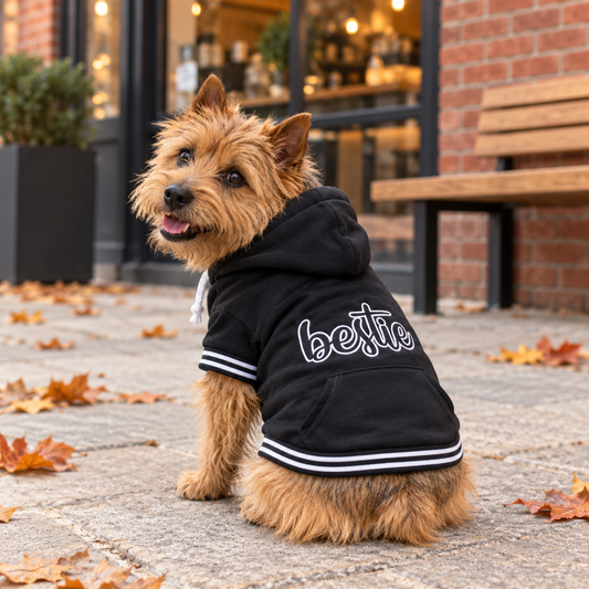 Small brown terrier wearing a black Parisian Pet Bestie dog hoodie with white lettering, striped trim, and a front pocket, sitting outside a cozy café surrounded by autumn leaves.
