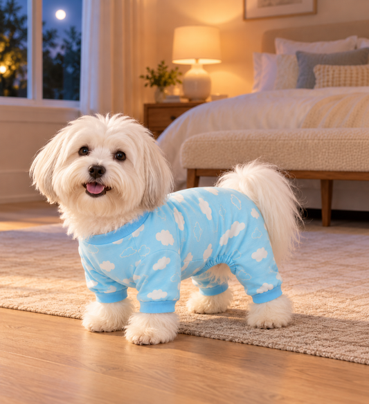 Fluffy white Maltese dog wearing Parisian Pet light blue cloud print dog pajamas with four-leg coverage, standing in a cozy bedroom at bedtime.