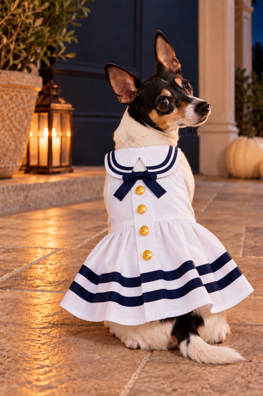 Small black, tan, and white dog wearing the Parisian Pet Sailor Dress in White and Blue, featuring a navy bow, gold buttons, and nautical stripes, sitting on a warmly lit porch at dusk.