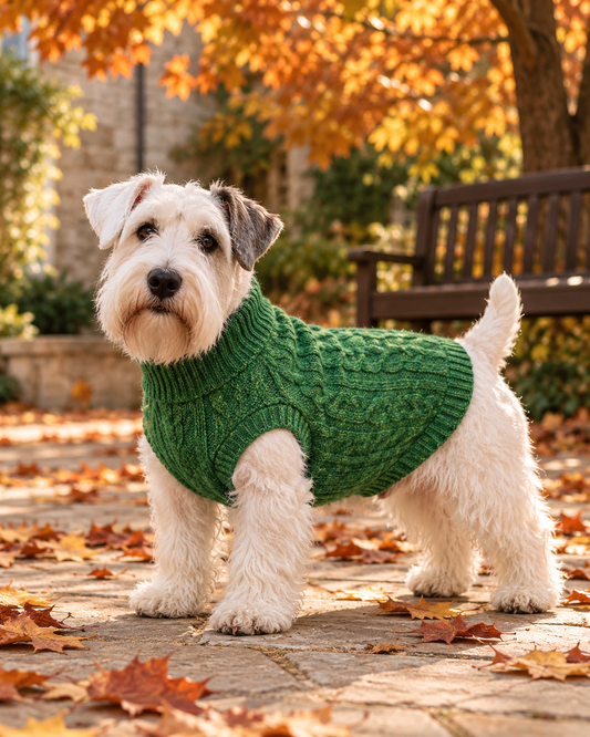 Sealyham Terrier wearing a green cable-knit dog sweater by Parisian Pet, standing on an autumn garden pathway surrounded by colorful fall leaves.