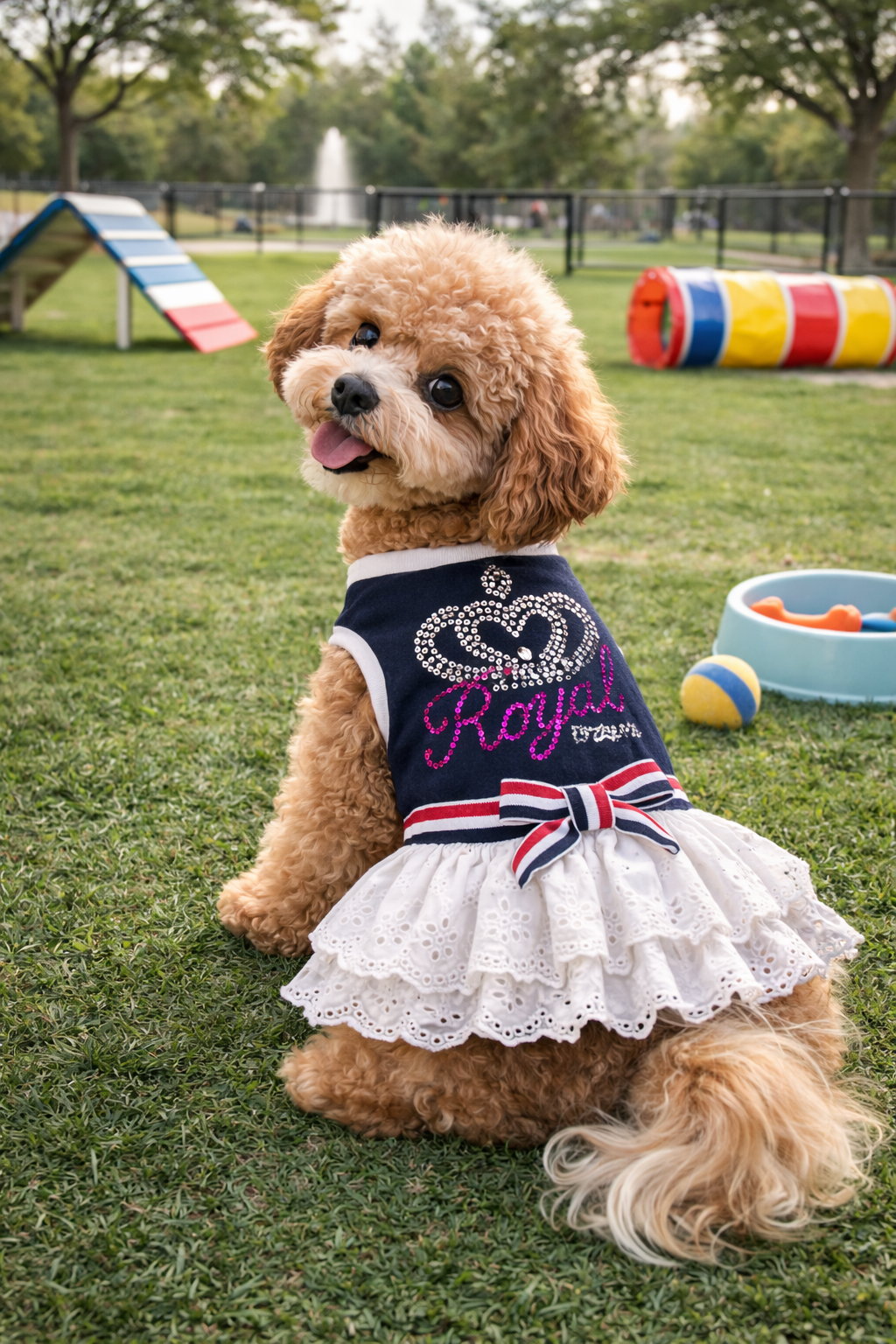 Dobaz 'Royal Crown Dress' for Dogs & Cats - Elegant and Fancy Pet Outfit, Luxury Crown Design Clothing for Small Breeds, Navy