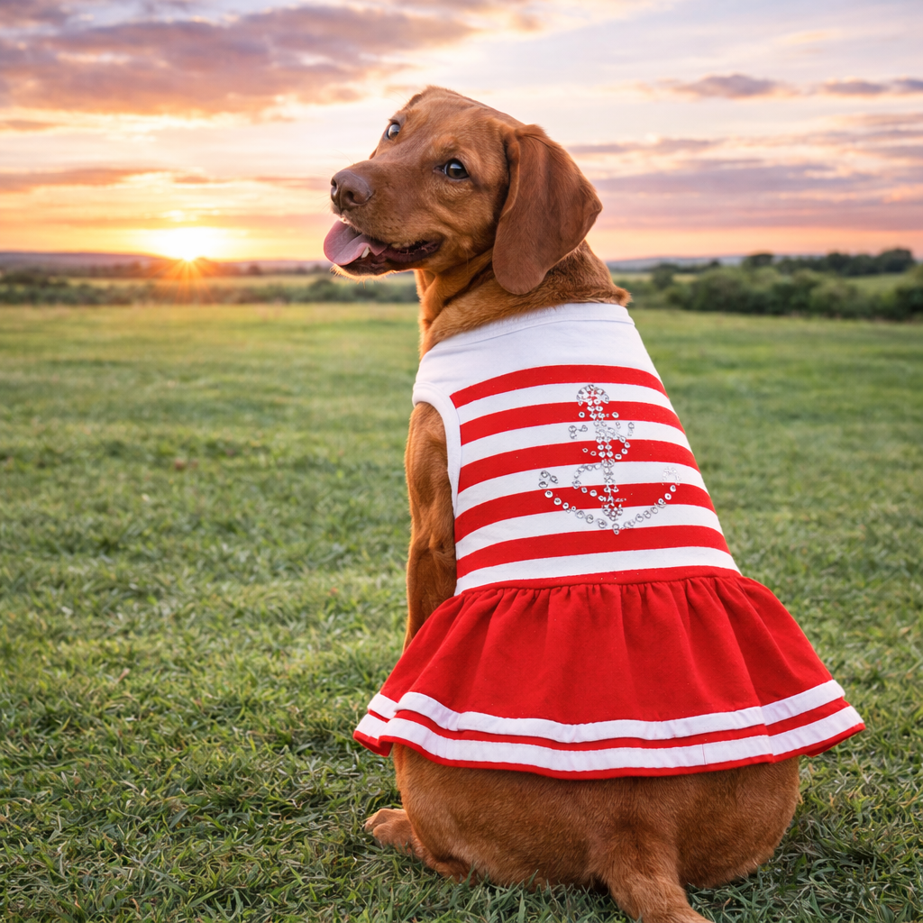 Dobaz 'Anchor Bling Dog Dress' for Dogs & Cats - Fashionable and Fancy Summer Apparel, Perfect Nautical Pet Clothing for Small Breeds, Red & White Stripes