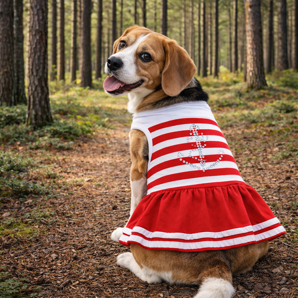Dobaz 'Anchor Bling Dog Dress' for Dogs & Cats - Fashionable and Fancy Summer Apparel, Perfect Nautical Pet Clothing for Small Breeds, Red & White Stripes