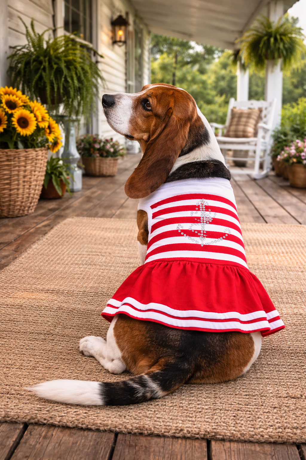 Dobaz 'Anchor Bling Dog Dress' for Dogs & Cats - Fashionable and Fancy Summer Apparel, Perfect Nautical Pet Clothing for Small Breeds, Red & White Stripes