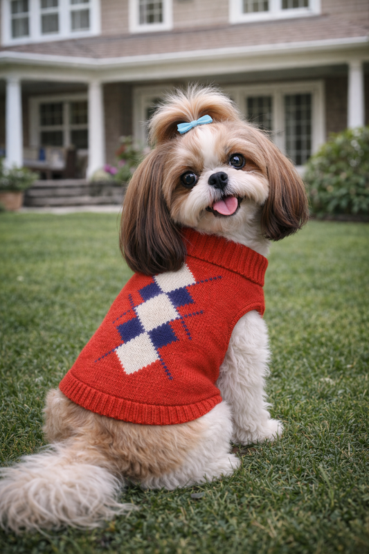 Dobaz 'Argyle Sweater' for Dogs & Cats – Stylish Red and Navy Argyle Dog Sweater, Comfortable Knit Sweater for Cold Weather Pets