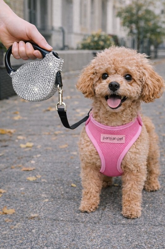 Parisian Pet 'Crystal Retractable Leash Silver' for Dogs & Cats – Durable, Stylish 16-Foot Leash with Comfortable Grip