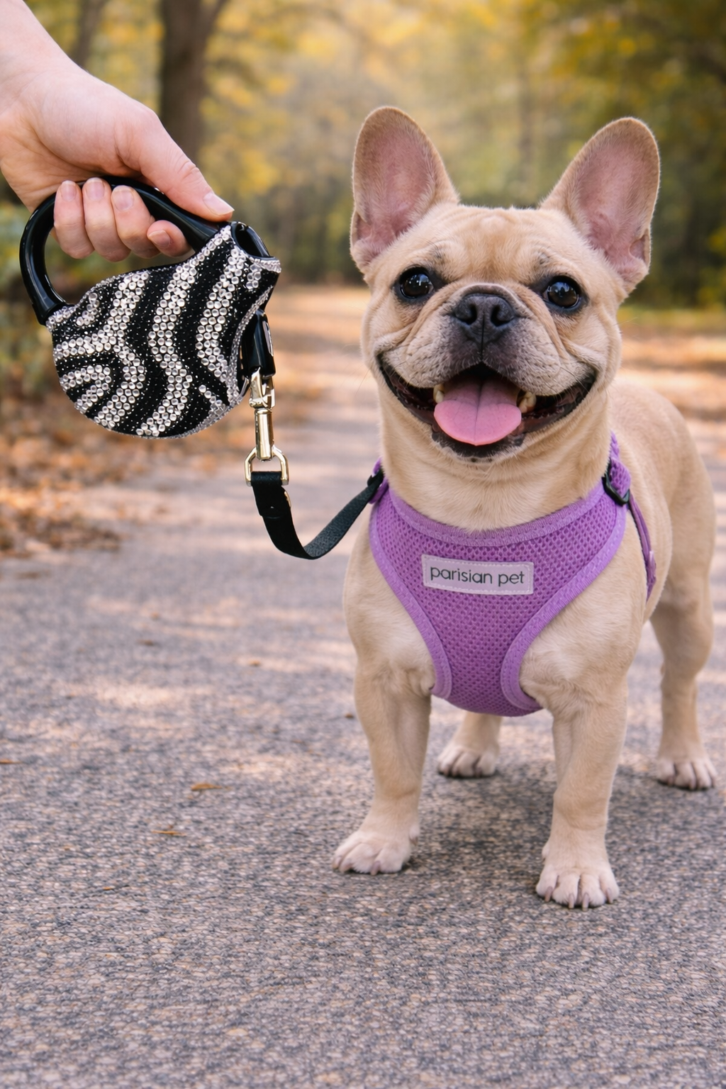 Parisian Pet 'Crystal Retractable Leash Zebra Silver' for Dogs & Cats – Durable, High-Quality Silver Pet Leash with Ergonomic Handle