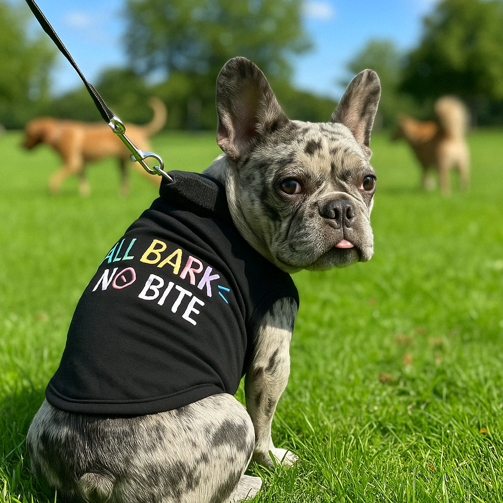 Parisian Pet 'All Bark No Bite' Embroidered Dog T-Shirt – Funny Slogan Pet Apparel for Dogs & Cats, Black